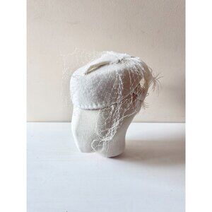 Vintage ANDRE White Felted Wool Ostrich Feather Mesh Veil Wedding Pillbox Hat